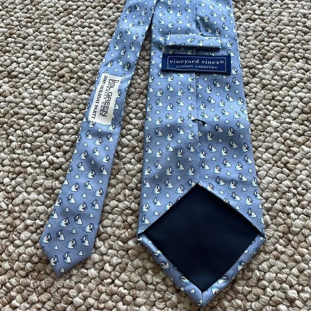 Vineyard Vines Custom Collection Necktie Blue Neck Tie Silk Penguin on an iceber